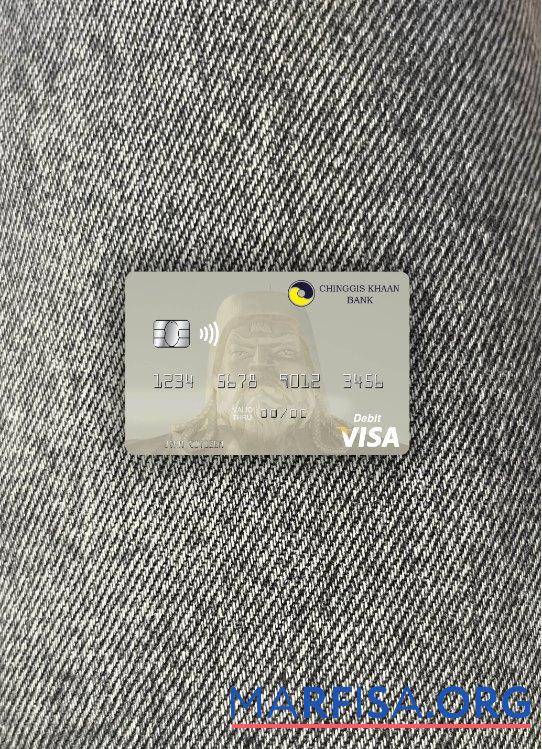 Realistic Mongolia Chinggis Khaan Bank visa debit card photolook front example
